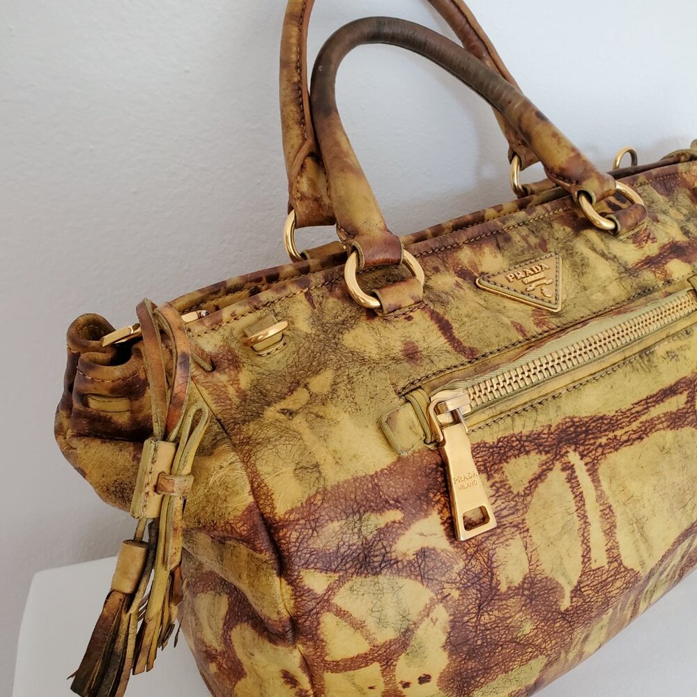 Prada tote top handle bag leather dyed camo brown black beige tan galleria lux - Picture 8 of 16